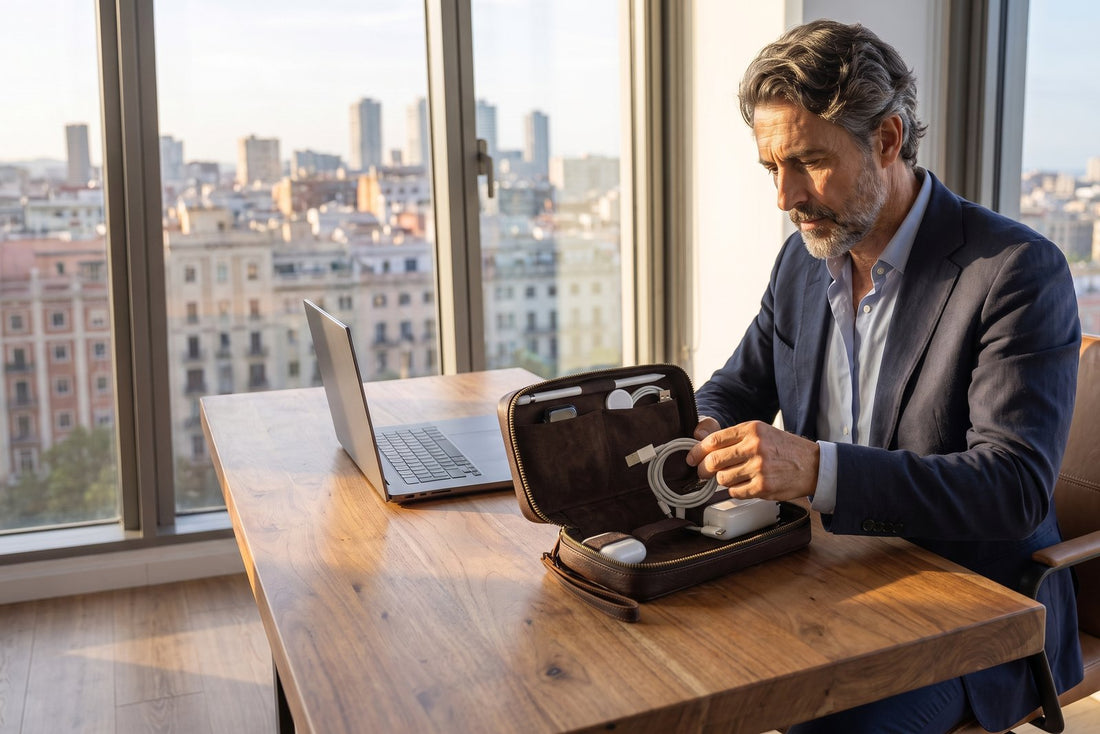 Homme en veste devant un ordinateur portable sur un bureau en noyer, avec un organisateur en cuir ouvert