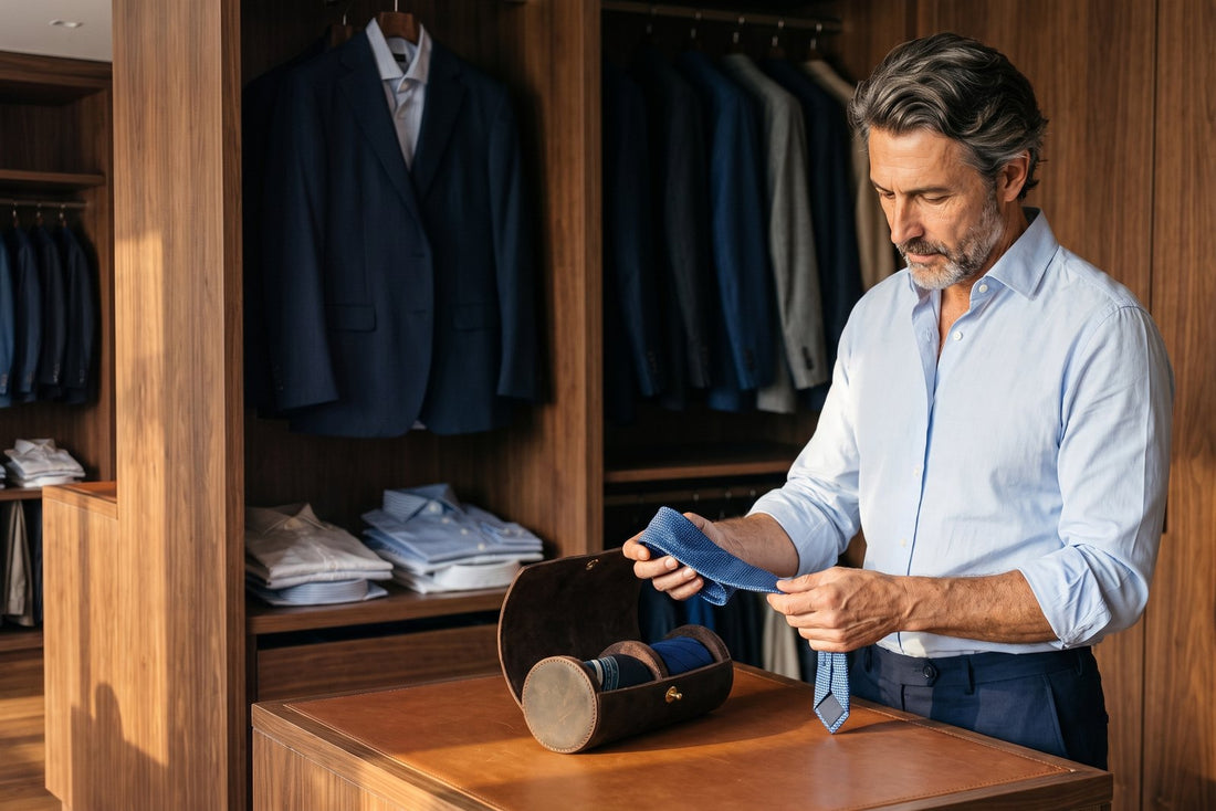 Homme en chemise bleue rangeant une cravate dans un étui en cuir, devant un dressing de costumes