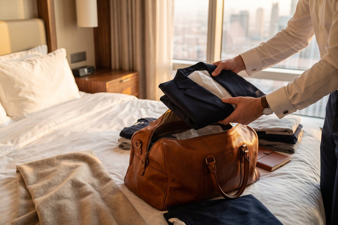Mains rangeant une veste de costume marine pliée dans un sac cabine en cuir ouvert sur un lit d'hôtel
