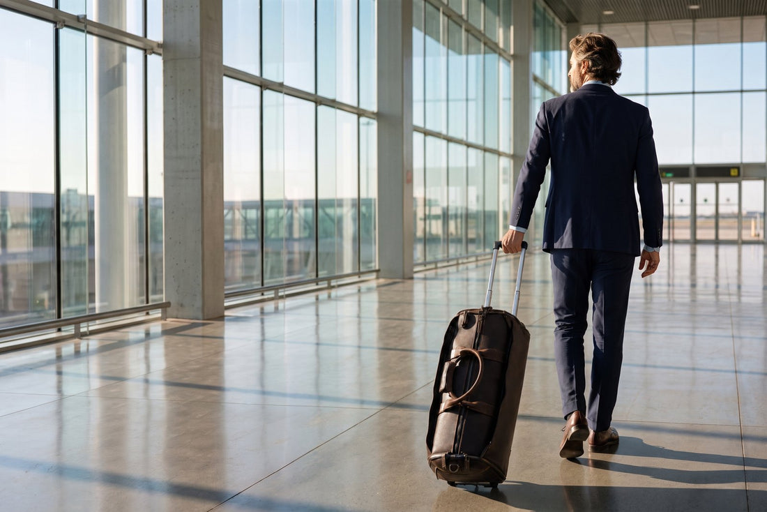 Voyageur de dos avec un bagage cabine à roulettes dans un grand hall d'aéroport vitré